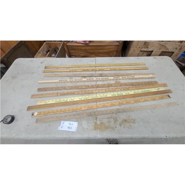 10 Vintage Advertising yardstick Rulers: John Deere, Paramount, B-H Paints, Wheaton, Dumont