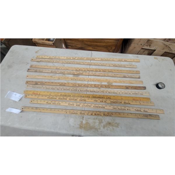 Collection of 11 Advertising yardstick Rulers: Beaver Lumber, Northern Paint, Town and Country