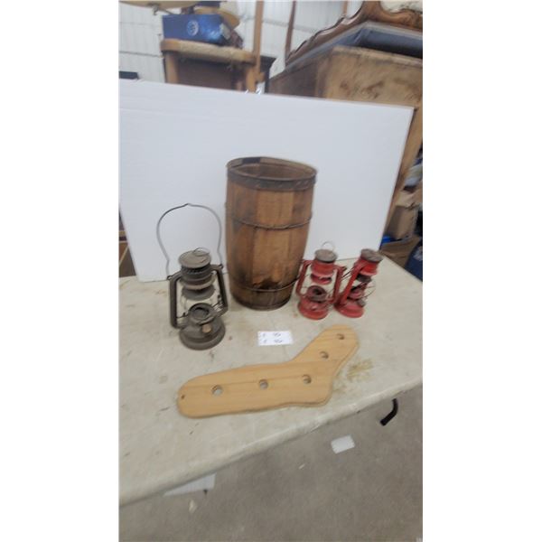 Vintage Nail Keg, 3 Kerosene Lanterns (No Glass), and Wood Sock Stretchers