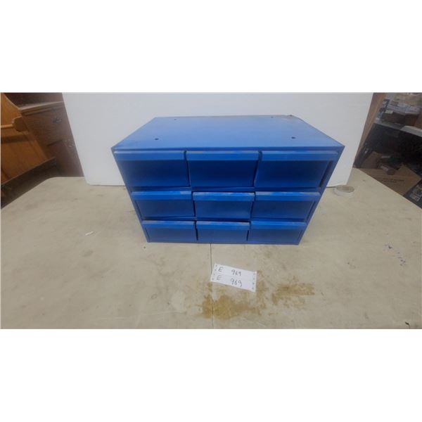 Blue Metal 9-Drawer Small Parts Cabinet with Grommets, Dowel Pins, and Assorted Hardware