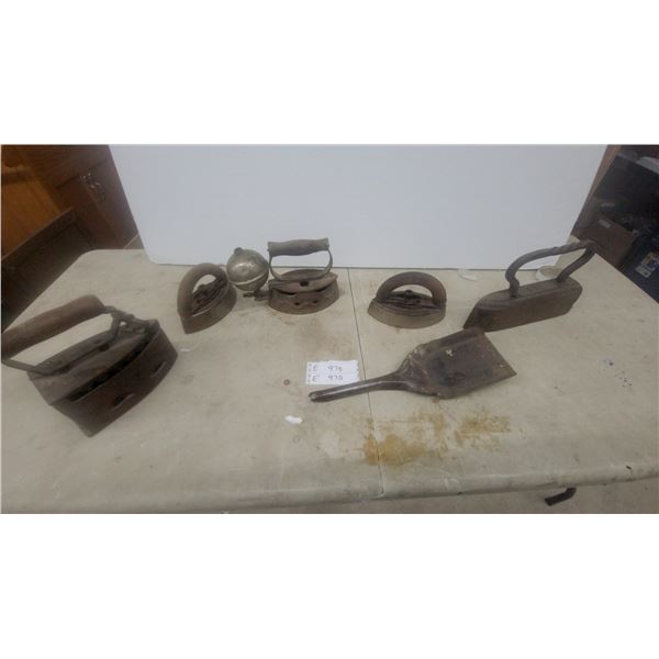 Collection of Antique Irons: Charcoal Irons, Sad Irons, and Fluting Iron