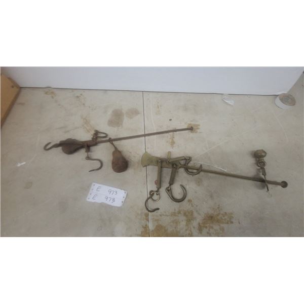 Two Antique Meat Scales with Weights and Hooks