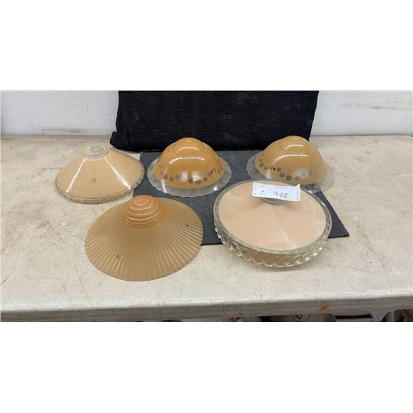 Vintage Mid-Century Pressed Glass Light Shades in Amber, Peach, and Clear, Floral Patterns