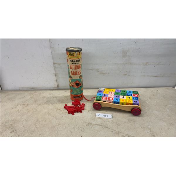 Vintage Sta-Lox Miniature Building Brick Set and Wooden Alphabet Block Pull Cart