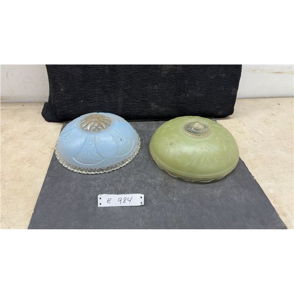 Pair of Vintage Art Deco Glass Ceiling Light Shades, Blue Floral and Green Leaf Patterns
