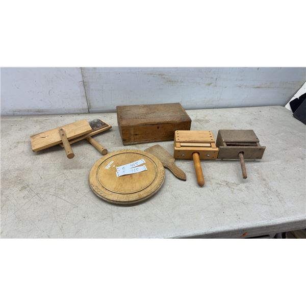 Vintage Wooden Dairy Lot: Hand Carder, Butter Print Board, Paddle, Molds, Butter Press