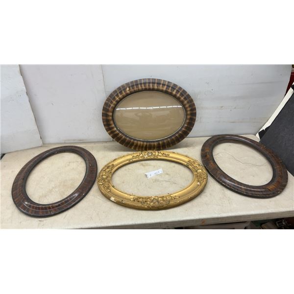 Four Antique Oval Picture Frames, Fluted Wood, Ornate Gilt Gesso and 1 with Convex Glass, 19 × 25”