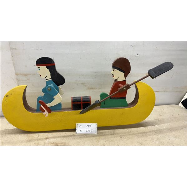 Wooden Folk Art Kinetic Pendulum Toy with Two Figures Paddling Canoe, Approximately 15 × 30”
