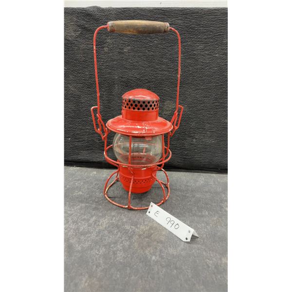 Vintage Canadian Pacific Railway CPR Red Railroad Lantern with Clear Globe and Wood Handle