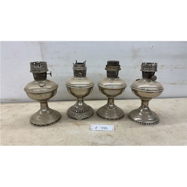 Four Antique Nickel-Plated Kerosene Oil Lamps Including Edward Miller and Co. Circa 1890s, No
