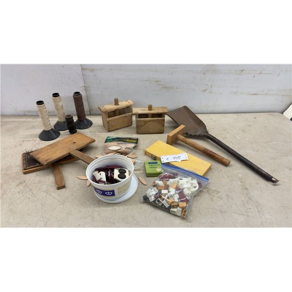 Vintage Wooden Hand Wool Carders and 1939 Inscribed Board, Spools, Shovel, Butter Press