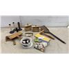 Image 1 : Vintage Wooden Hand Wool Carders and 1939 Inscribed Board, Spools, Shovel, Butter Press