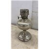 Image 6 : Three Antique Silver-Tone Metal Oil Lamps and Bracket-Mounted Kerosene Lamp With Fluted Reflector