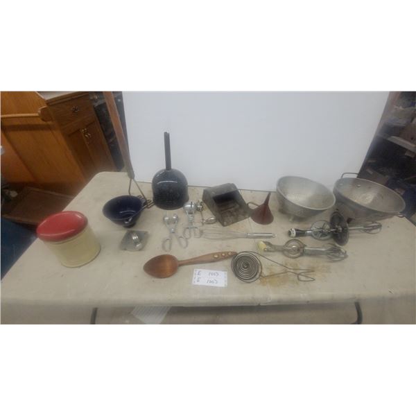 Vintage Kitchen Utensils and Cookware: Colanders, Hand Mixers, Whisk, Spoons, Tongs