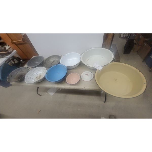Assorted Enamelware and Colanders: Blue, Pink, White, and Yellow Bowls; 5 Metal Colanders