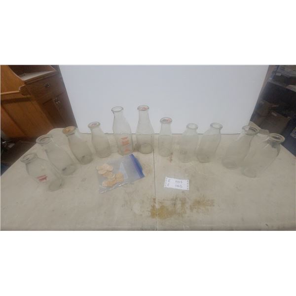 10 Vintage Milk Bottles and Bottle Caps, many labelled