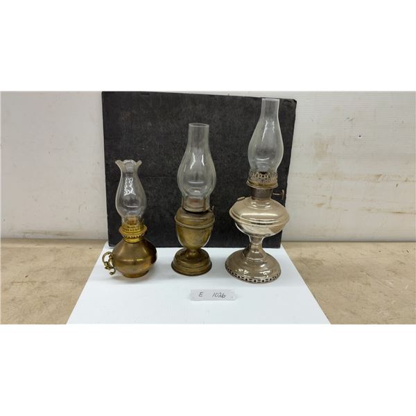 Three Vintage Brass and Nickel Kerosene Oil Lamps with Glass Chimneys