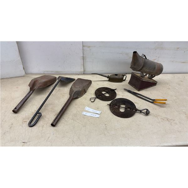Vintage Bee Smoker with Bellows, Assorted Blacksmith Tools, Oil Can
