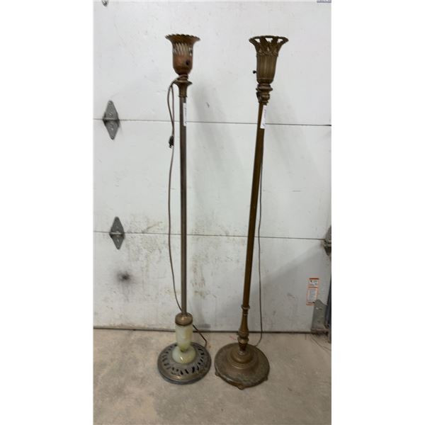 Pair of Vintage Torchiere Floor Lamps With Cast Metal Bases and Slag Glass Accent, circa 1920s-1950