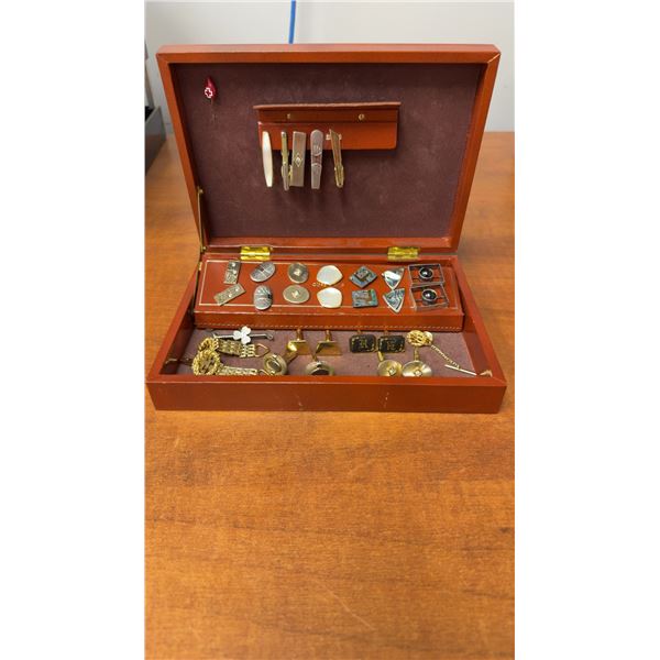 Vintage Mid-Century Men's Leather Accessory Box with Cufflinks, Tie Clips