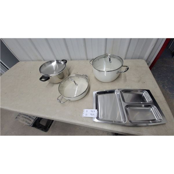 Assorted Cookware and Serving Pieces: 2 White Enamel Pots with Glass Lids