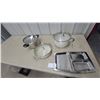 Image 1 : Assorted Cookware and Serving Pieces: 2 White Enamel Pots with Glass Lids