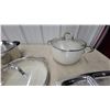 Image 5 : Assorted Cookware and Serving Pieces: 2 White Enamel Pots with Glass Lids