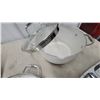 Image 7 : Assorted Cookware and Serving Pieces: 2 White Enamel Pots with Glass Lids