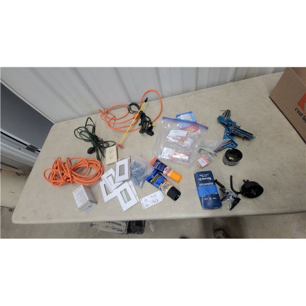 Electrical and Woodworking Tools: Orange Extension Cord, White Outlet Covers, Wood Carving Set