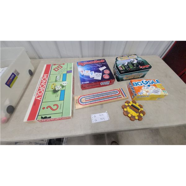 A Collection of Board Games: Monopoly, Rummikub, Boggle, Cribbage, and Mexican Train Dominos