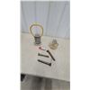 Image 1 : Vintage Miner's Lamp, Oil Lamp, "Snoopy" Train Car, and 3 Railroad Spikes