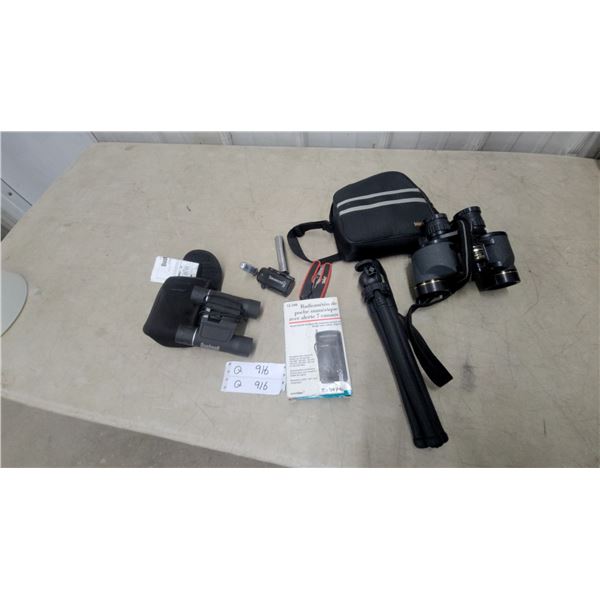 Bushnell Binoculars, Bushnell Flashlight, Radio Shack Radiometer, Tripod, and Bag