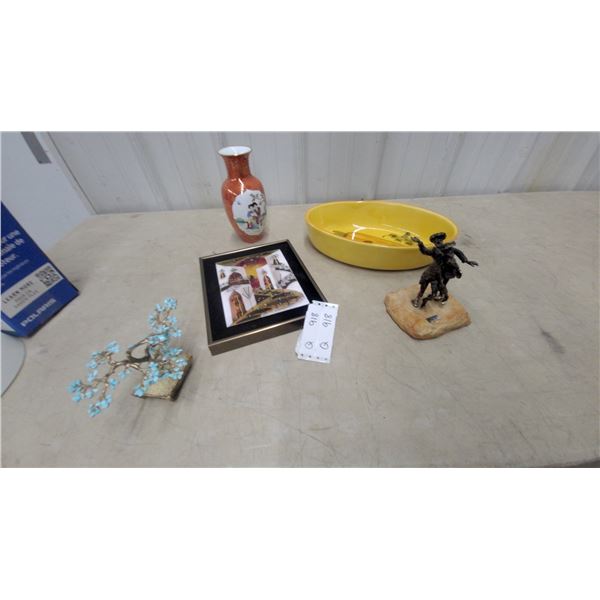 Assorted Decor: Metal Bonsai Tree, Framed Art, Ceramic Vase, Yellow Bowl, and Bronze Sculpture