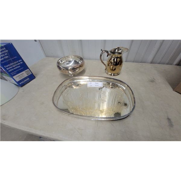 Silver-Plated Oval Serving Tray, Bowl, and Pitcher