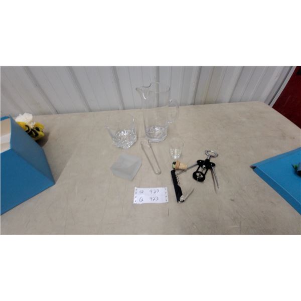 Barware Lot: Glass Pitcher, 2 Tumblers, Shot Glass, Ice Bucket, 2 Ice Tongs, 2 Corkscrews