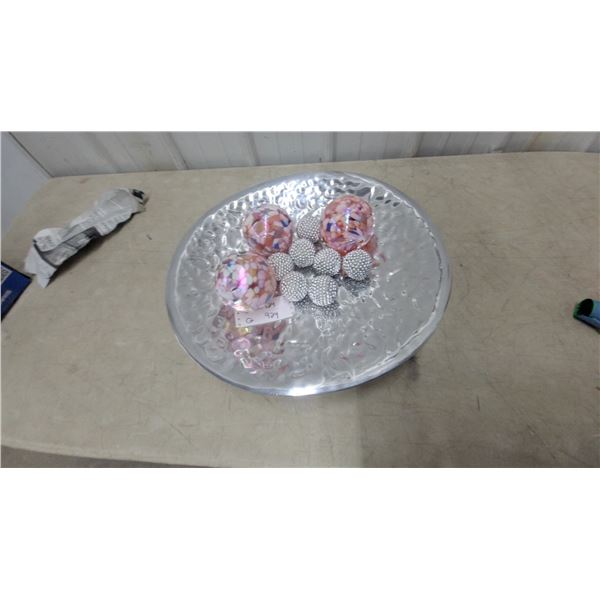 Decorative Bowl with Glass Orbs and Silver Beaded Spheres