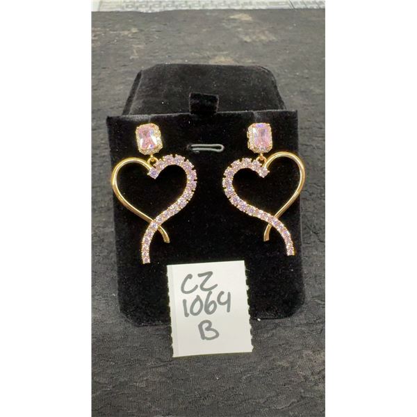 18K Gold Plated 1.0 Carat Emerald Cut Pink Simulated Diamond Heart Dangle Earrings