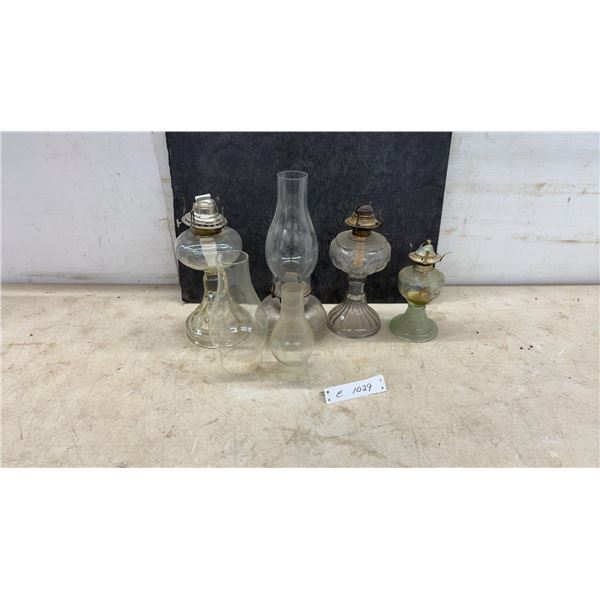 Vintage Four Oil Lamps with Clear, Smoky, and Green Founts, 3 Mixmatched Chimneys