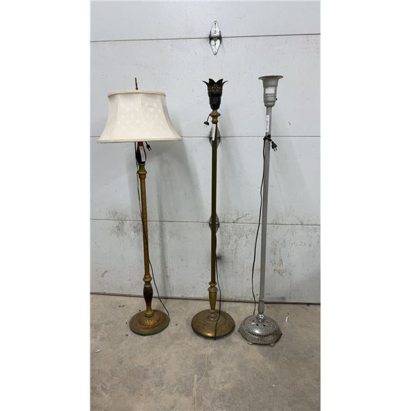 Three Vintage Floor Lamps, Ornate Cast Metal Bases, Torchiere and 1 with Fabric Shade