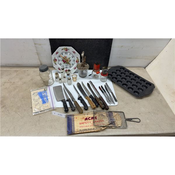 Vintage Kitchenware Lot: Knives, Wilton Mini Muffin Pan, Knives, Egg Beater, Acme Safety Grater