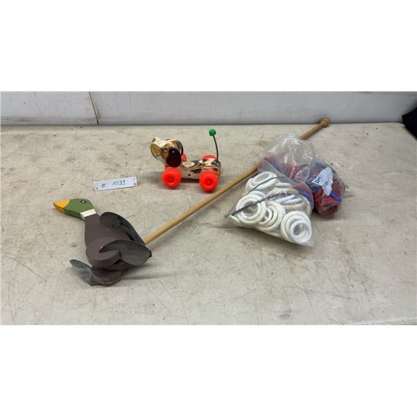 Vintage Fisher-Price Little Snoopy Pull Toy Model 693, Wooden Duck Push Toy, and Ring Toss Rings