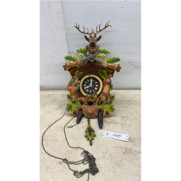 Vintage West German Black Forest Cuckoo Clock with Stag, Crossed Rifles, and Hunt Motif