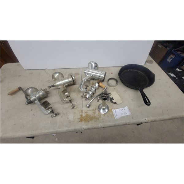Three Vintage Clamp-On Meat Grinders, Cast Iron Skillet