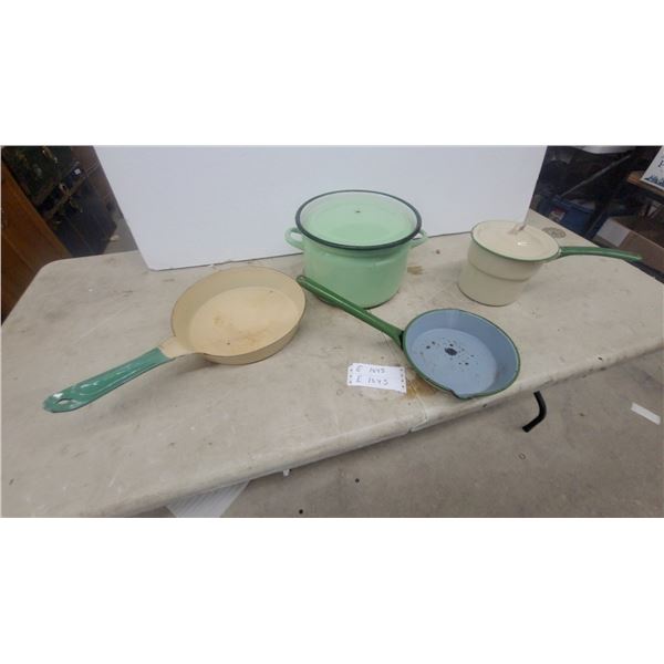 Vintage Enamelware: Green and Cream Frying Pan, Blue and Green Saucepan, Green Pot, and Cream Pot