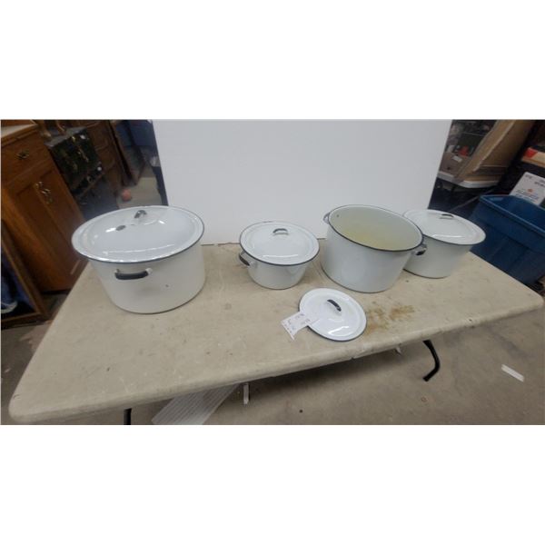 White Enamelware Pots and Lids, 5 Pieces Total