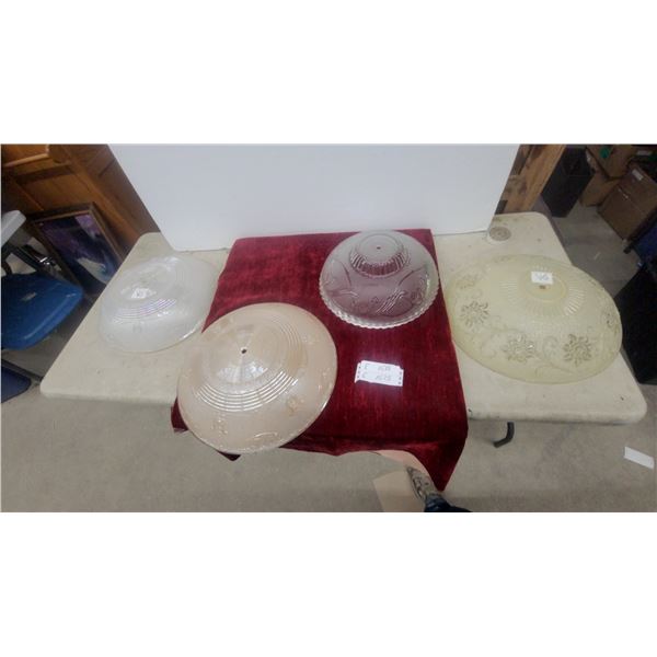 Four Antique Frosted Glass Ceiling Light Shades: Two with Floral Motifs, Two with Ribbed Designs