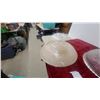 Image 5 : Four Antique Frosted Glass Ceiling Light Shades: Two with Floral Motifs, Two with Ribbed Designs