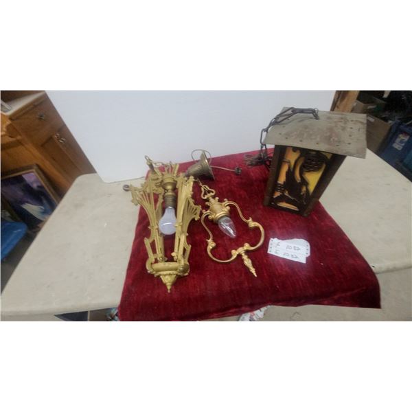 Two Brass-Tone Hanging Light Fixtures, Metal and Amber Glass Lantern