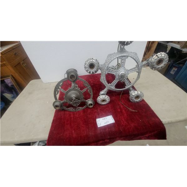 Pair of Vintage Silver-Toned Cast Metal Multi-Arm Hanging Chandeliers, Five-Arm and Three-Arm