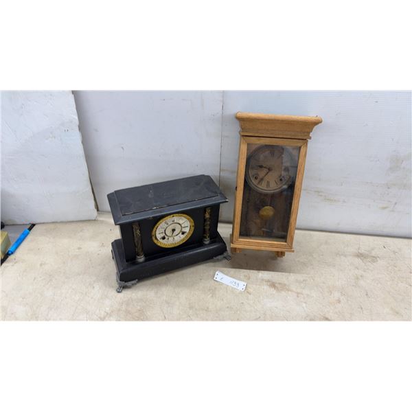 Vintage Sessions Oak-Cased Wall Clock and Black Wooden Mantel Clock With Columns, Missing Hands.